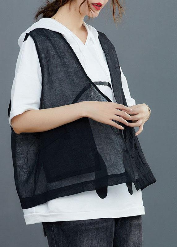 Black Linen Cardigan Vest Large Women Summer - SooLinen