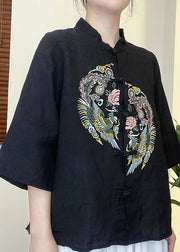 Black Linen Shirt Top Stand Collar Button Half Sleeve