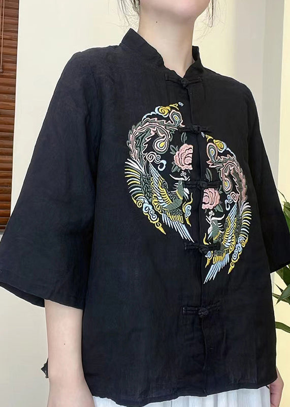 Black Linen Shirt Top Stand Collar Button Half Sleeve