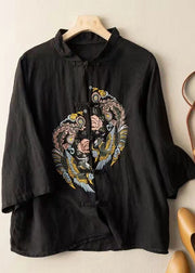 Black Linen Shirt Top Stand Collar Button Half Sleeve