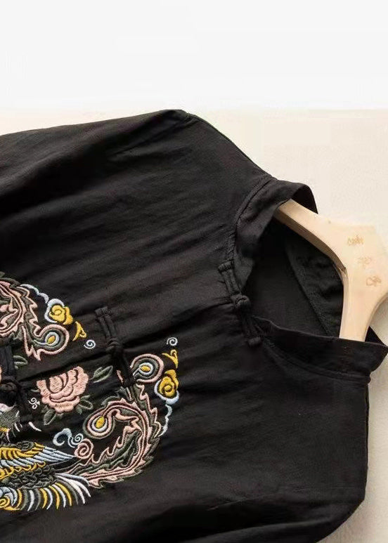 Black Linen Shirt Top Stand Collar Button Half Sleeve