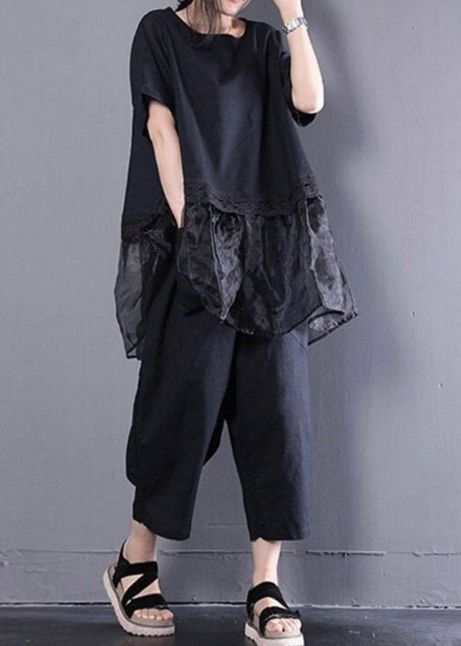 Schwarzes, übergroßes Organza-Patchwork-Oberteil und Harm-Hose, zweiteiliges Set Sommer