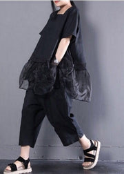 Schwarzes, übergroßes Organza-Patchwork-Oberteil und Harm-Hose, zweiteiliges Set Sommer