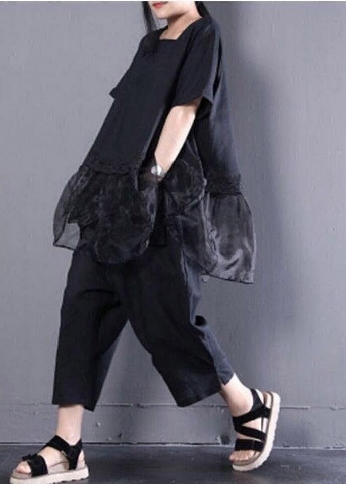 Schwarzes, übergroßes Organza-Patchwork-Oberteil und Harm-Hose, zweiteiliges Set Sommer