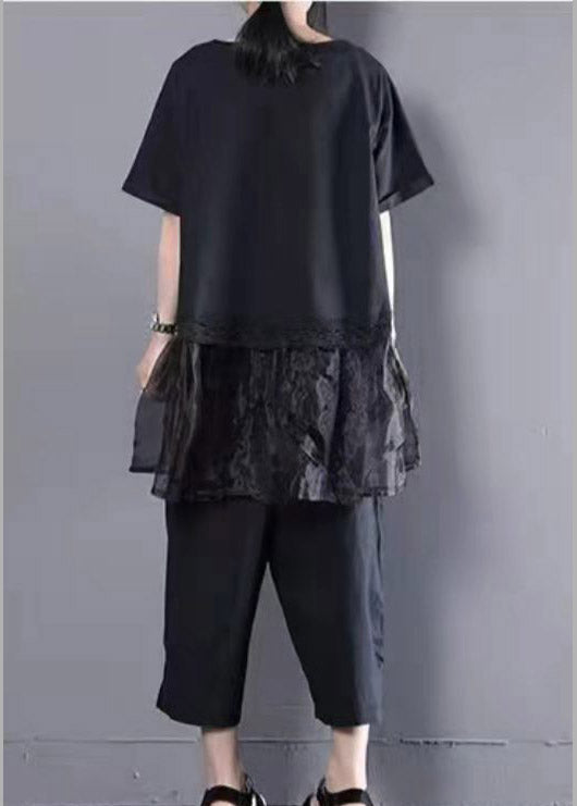 Schwarzes, übergroßes Organza-Patchwork-Oberteil und Harm-Hose, zweiteiliges Set Sommer