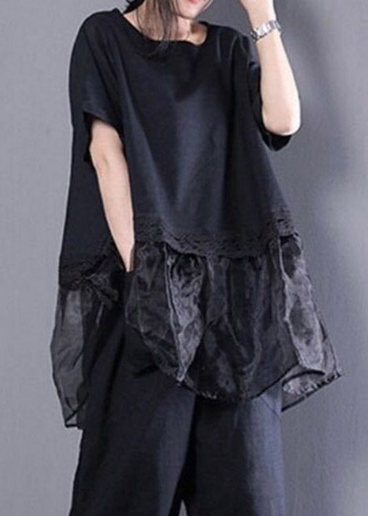 Schwarzes, übergroßes Organza-Patchwork-Oberteil und Harm-Hose, zweiteiliges Set Sommer