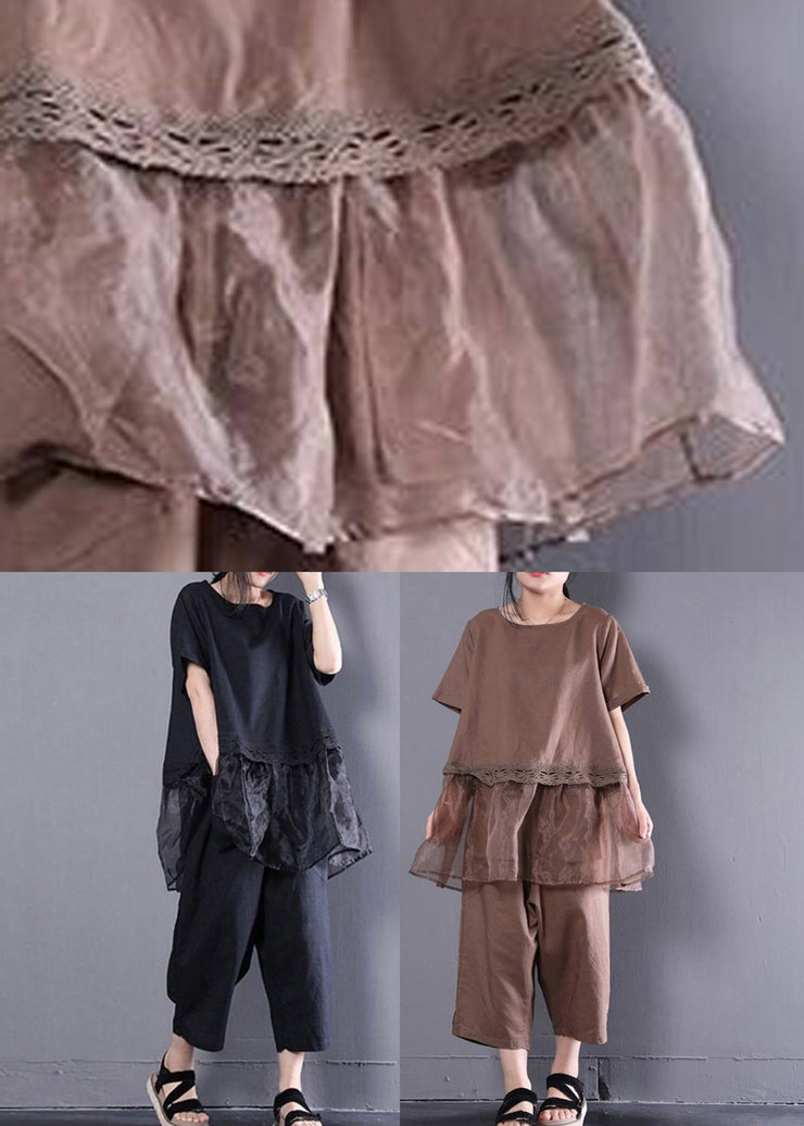 Schwarzes, übergroßes Organza-Patchwork-Oberteil und Harm-Hose, zweiteiliges Set Sommer
