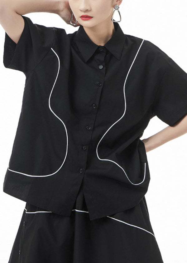 Black Patchwork Cotton Blouses Oversized Short Sleeve