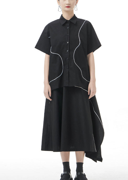 Black Patchwork Cotton Blouses Oversized Short Sleeve