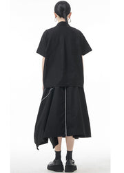 Black Patchwork Cotton Blouses Oversized Short Sleeve