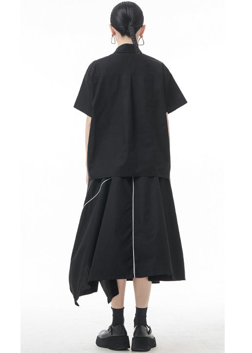 Black Patchwork Cotton Blouses Oversized Short Sleeve