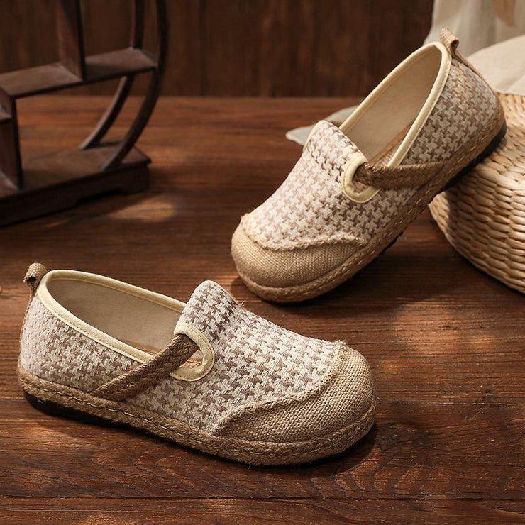 Black Plaid Cotton Linen For Women Splicing Flat Feet Shoes - SooLinen