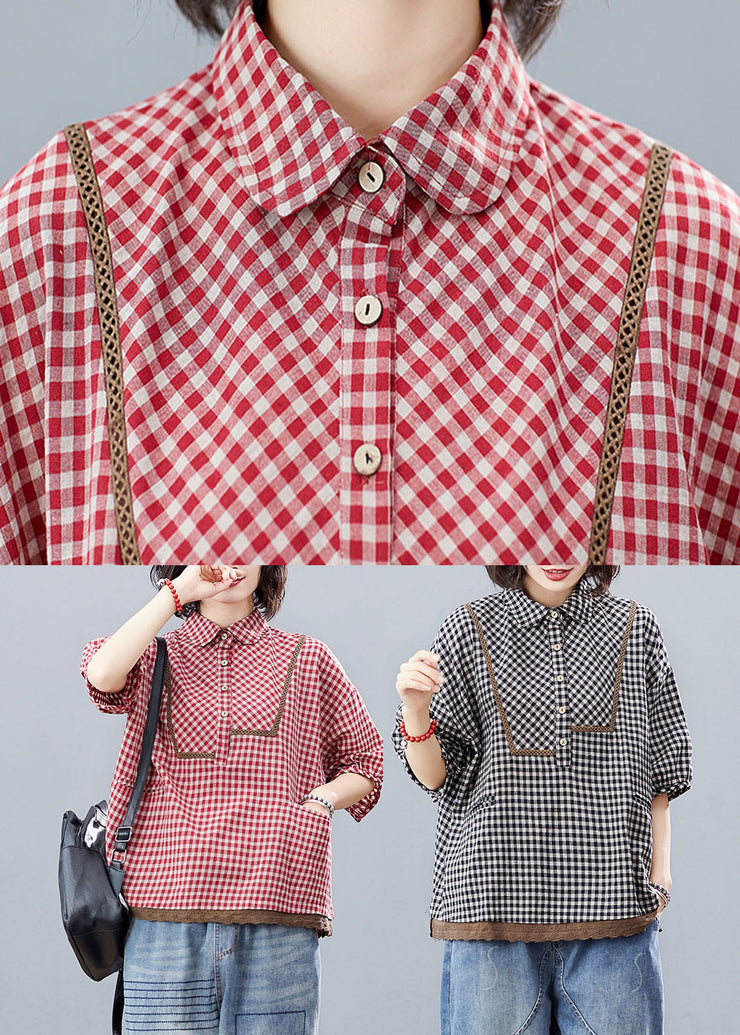Black Plaid Lace Patchwork Shirt Tops Half Sleeve