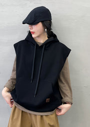 Black Pocket Loose Cotton Pullover Sweatshirt Tops Sleeveless