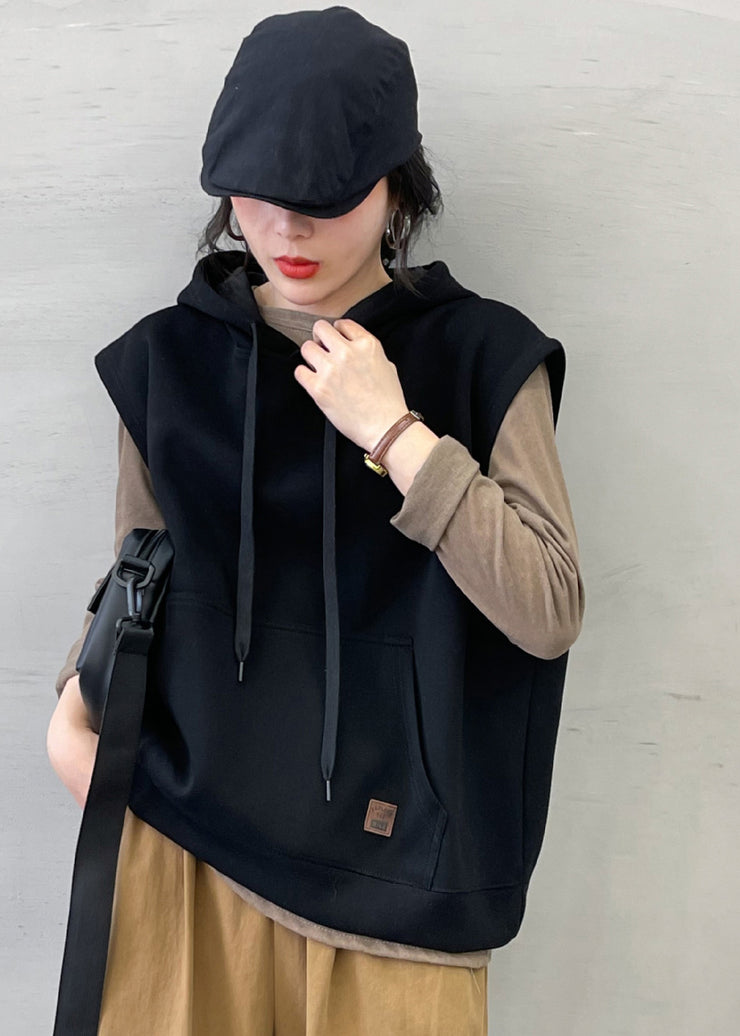 Black Pocket Loose Cotton Pullover Sweatshirt Tops Sleeveless
