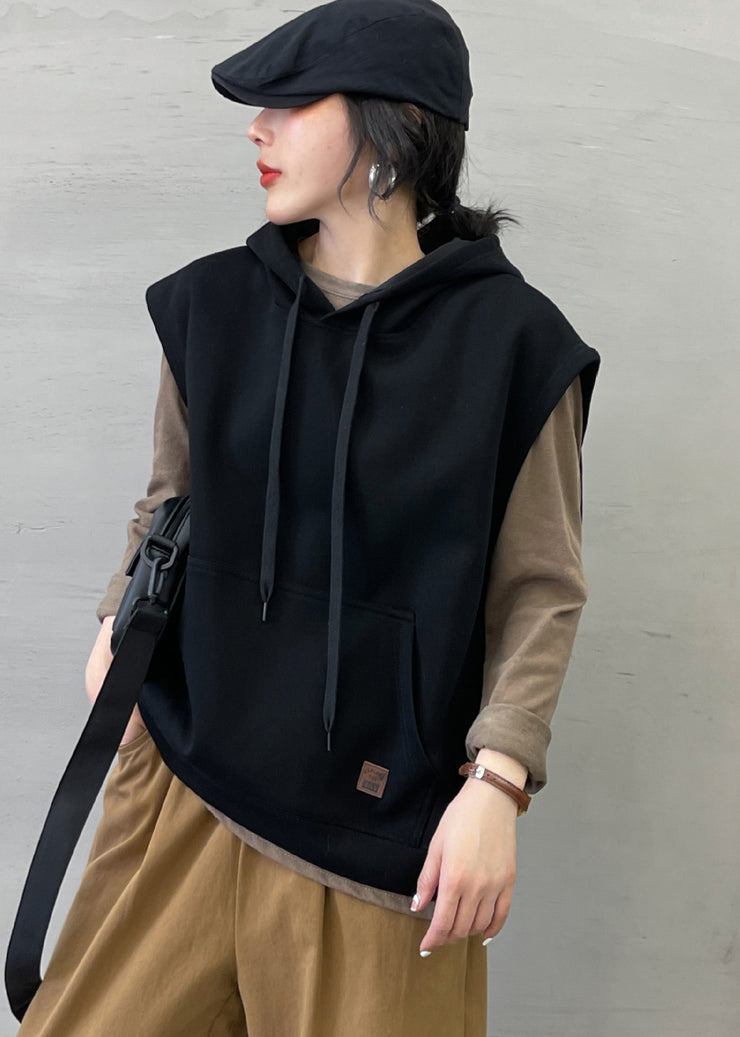 Black Pocket Loose Cotton Pullover Sweatshirt Tops Sleeveless