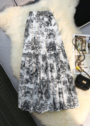 Black Print Cotton Pleated Skirts High Elastic Summer