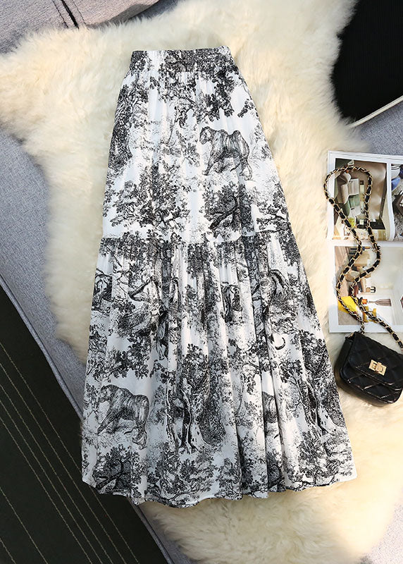 Black Print Cotton Pleated Skirts High Elastic Summer