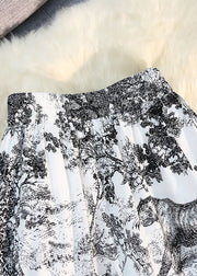 Black Print Cotton Pleated Skirts High Elastic Summer