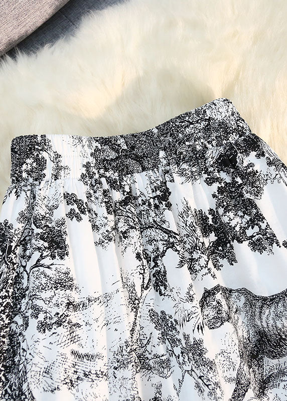 Black Print Cotton Pleated Skirts High Elastic Summer
