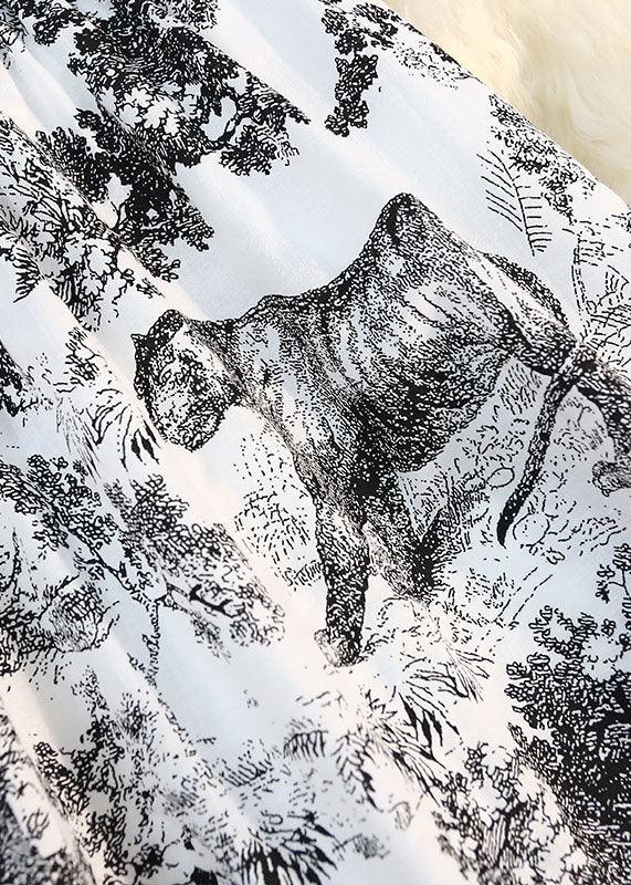 Black Print Cotton Pleated Skirts High Elastic Summer