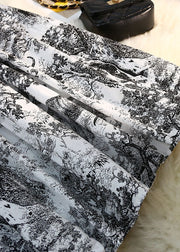 Black Print Cotton Pleated Skirts High Elastic Summer