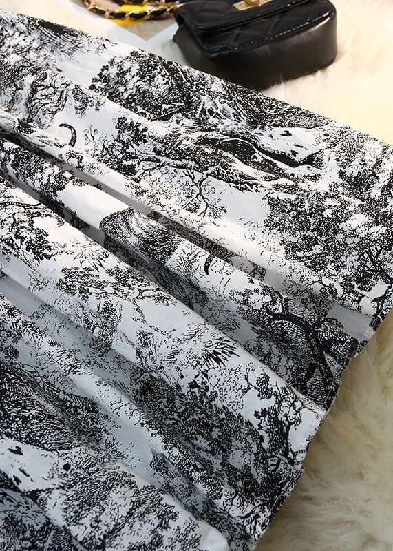 Black Print Cotton Pleated Skirts High Elastic Summer