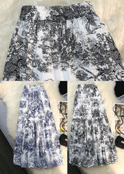 Black Print Cotton Pleated Skirts High Elastic Summer