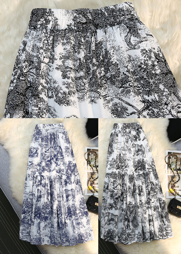 Black Print Cotton Pleated Skirts High Elastic Summer