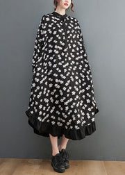 Black Print Patchwork Loose Shirt Dress Ruffles Long Sleeve