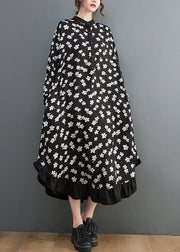 Black Print Patchwork Loose Shirt Dress Ruffles Long Sleeve