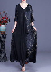 Black Print Patchwork Summer Silk Dress - SooLinen
