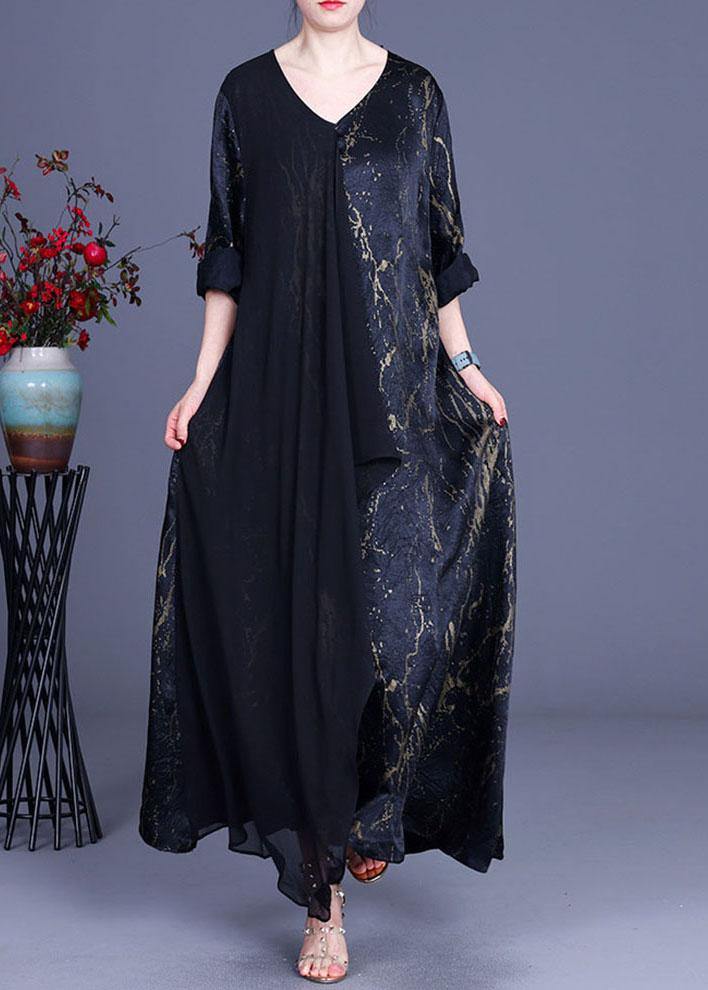 Black Print Patchwork Summer Silk Dress - SooLinen