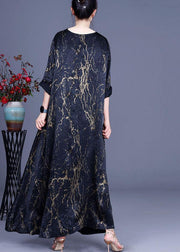 Black Print Patchwork Summer Silk Dress - SooLinen