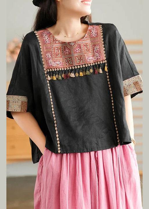 Black Vintage Embroidered Linen Women T-shirt - SooLinen