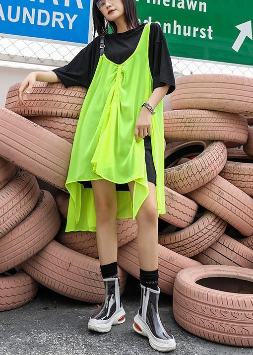Black t-shirt + strap dress suit summer tide large size short sleeve loose long section  casual women&