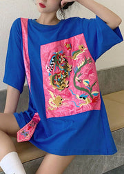 Blaues lockeres Top O-Neck asymmetrische halbe Ärmel