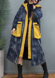 Blauer Patchwork-Wintermantel aus feiner Baumwolle mit Kapuze
