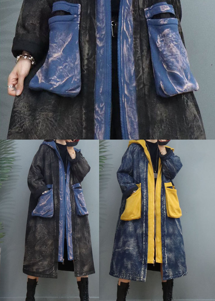 Blauer Patchwork-Wintermantel aus feiner Baumwolle mit Kapuze