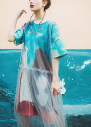 Blue Print O-Neck Animal Cute Summer Dresses Short Sleeve - SooLinen