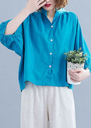 Blue Solid Color Cotton Loose Blouses Stand Collar Lantern Sleeve
