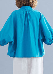Blue Solid Color Cotton Loose Blouses Stand Collar Lantern Sleeve