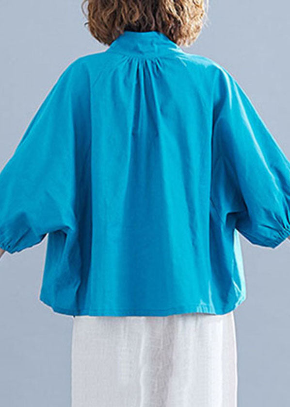 Blue Solid Color Cotton Loose Blouses Stand Collar Lantern Sleeve
