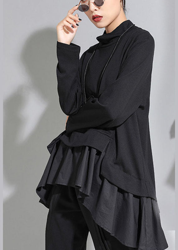 Bohemian Black Asymmetrische Patchwork-Rüschen Casual Fall Top Langarm