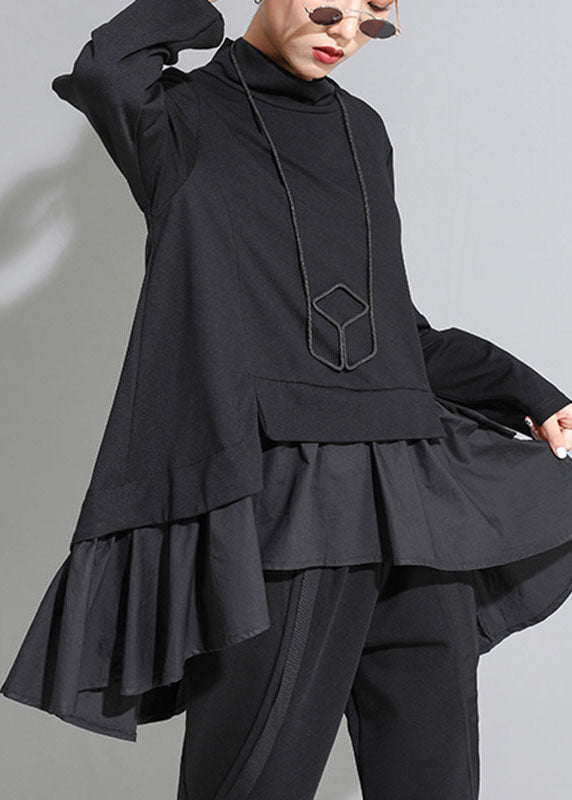 Bohemian Black Asymmetrische Patchwork-Rüschen Casual Fall Top Langarm