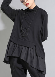 Bohemian Black Asymmetrische Patchwork-Rüschen Casual Fall Top Langarm
