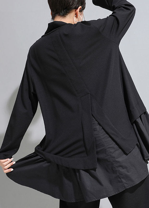 Bohemian Black Asymmetrische Patchwork-Rüschen Casual Fall Top Langarm