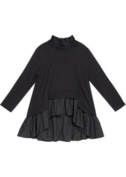 Bohemian Black Asymmetrische Patchwork-Rüschen Casual Fall Top Langarm