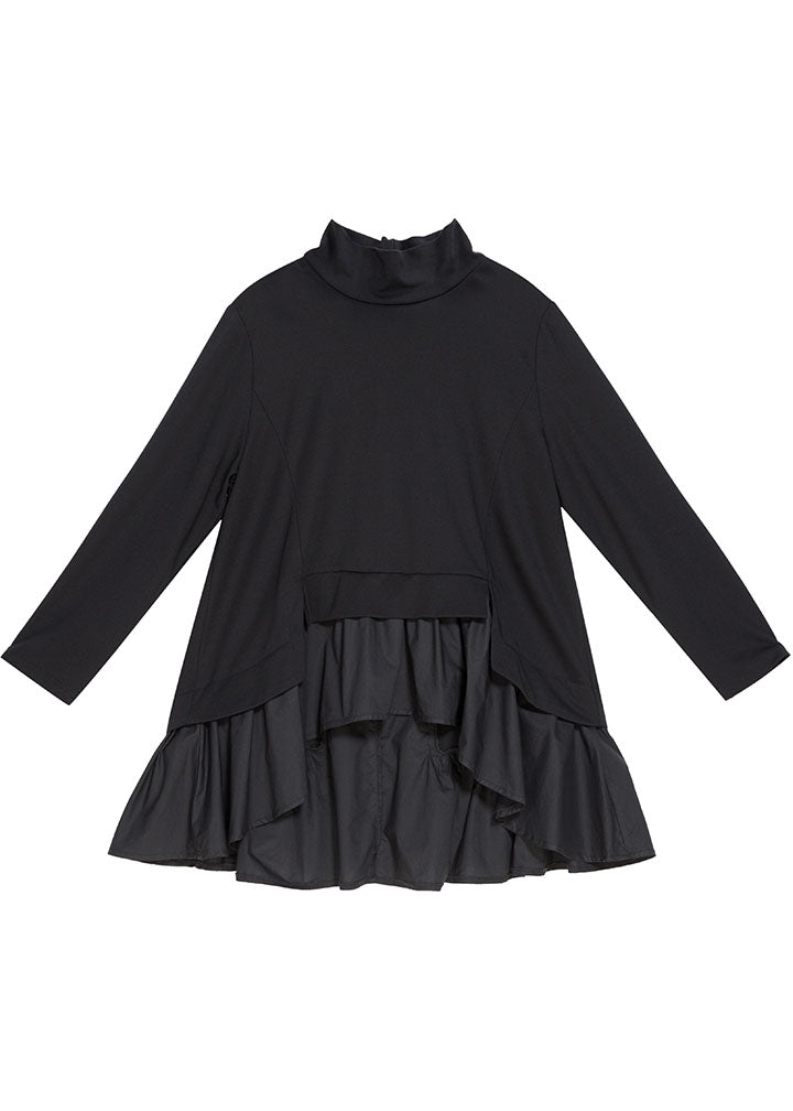 Bohemian Black Asymmetrische Patchwork-Rüschen Casual Fall Top Langarm