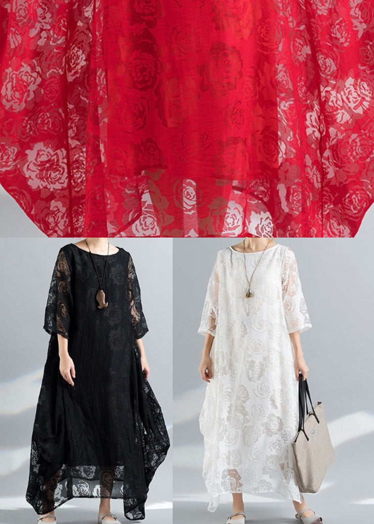 Bohemian Black O-Neck Embroideried Lace Long Dress Bracelet Sleeve